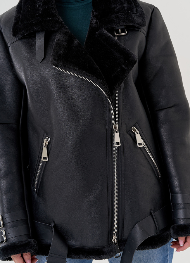 Женская дубленка пилот из эко кожи черно цвета  модель № 79311 универмаг малина