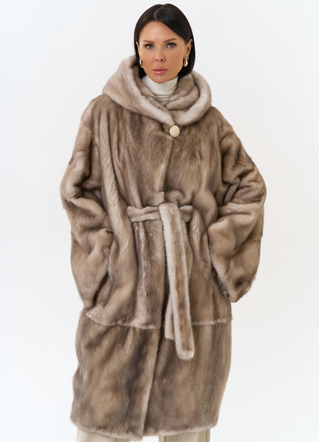 Женская шуба из меха норки с капюшоном модель № 30673 меха малина