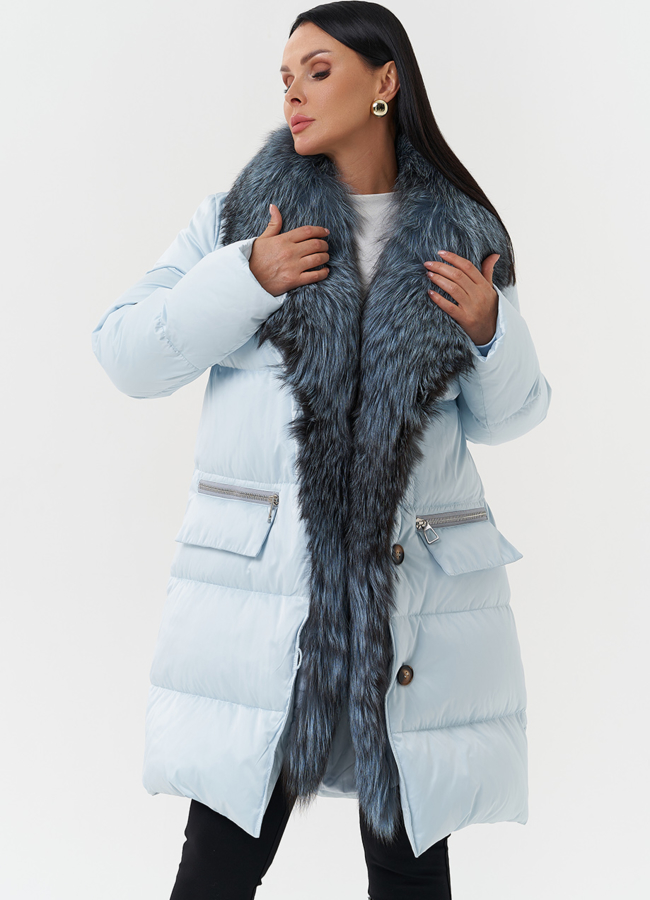 Пуховик с капюшоном из меха лисы модель № 28570 универмаг малина