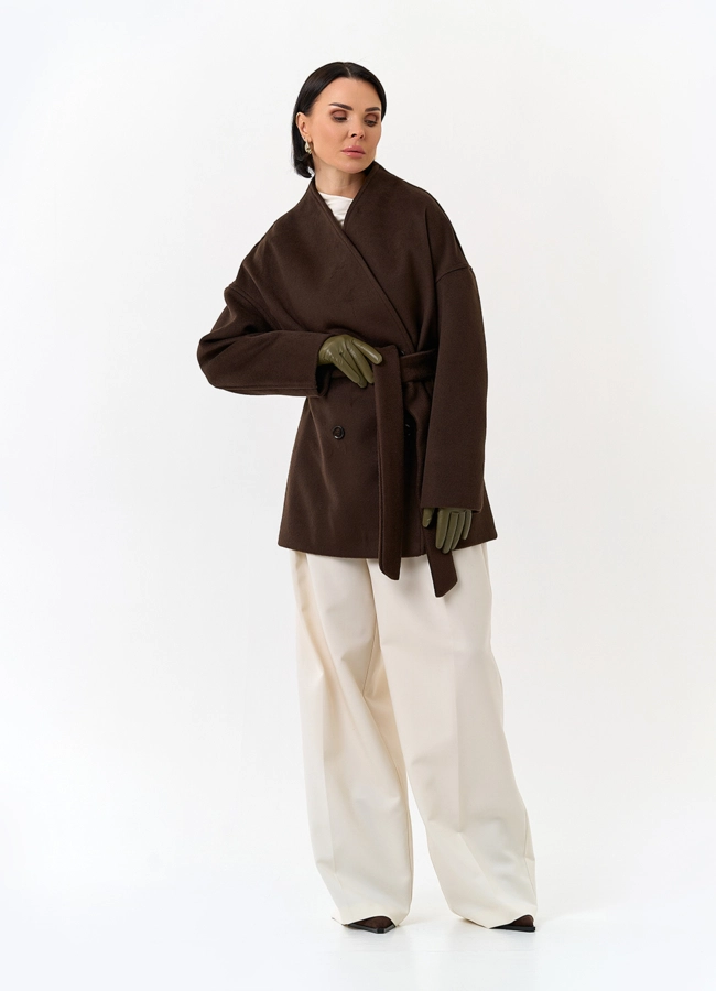 Женское укороченное пальто с поясом модель № 32817 в рассрочку