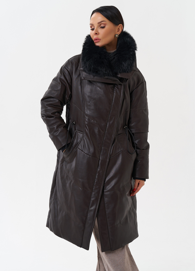 Женский кожаный пуховик с отделкой из натурального меха модель № 28918 универмаг малина