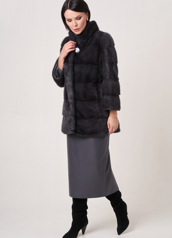 фото Норковая шуба трансформер, поперечная со стойкой модель № 25924