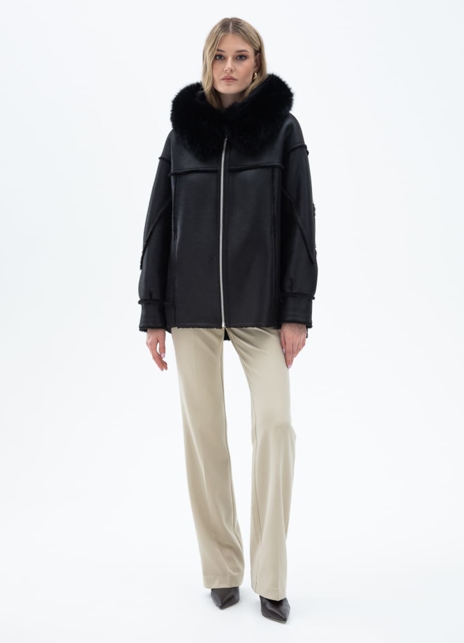 Женская дубленка из эко кожи с капюшоном модель № 32020 в кредит