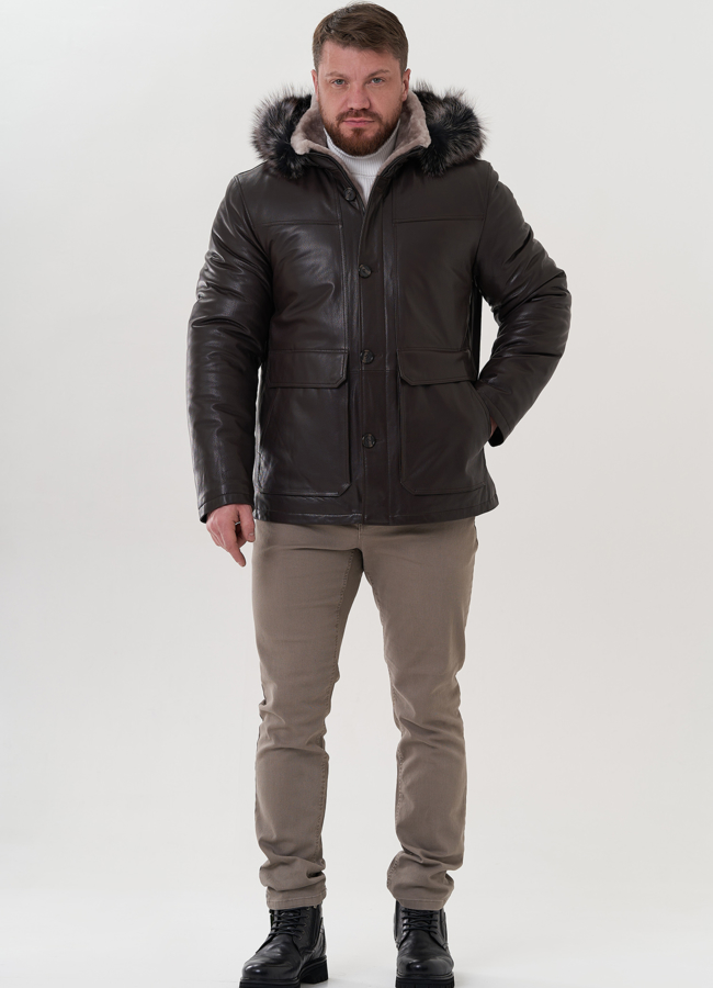 Пуховик из натуральной кожи с капюшоном модель № 26230 в кредит