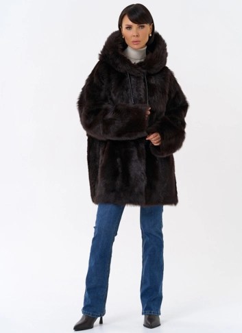 Женская двухсторонняя дубленка с капюшоном