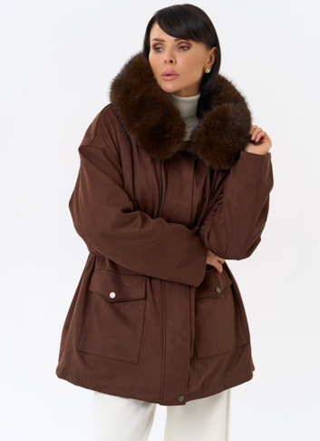 Женская парка из эко замши с капюшоном из эко меха