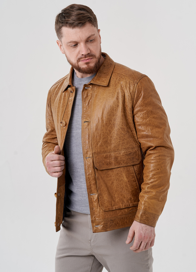 Мужская кожаная куртка  модель № 24439 меха малина