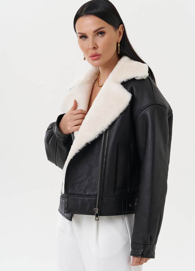 Натуральная дубленка черного цвета модель № 28428 универмаг малина