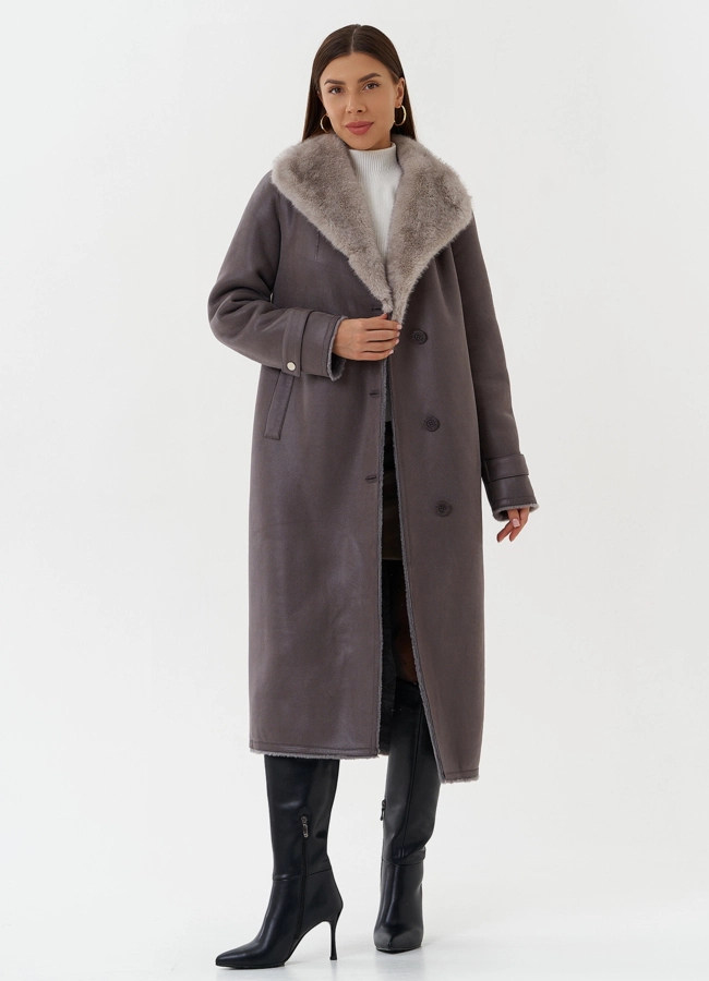 Длинная дубленка из эко кожи с воротником шаль модель № 27782 универмаг малина