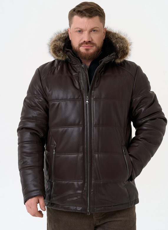 Пуховик из эко кожи с капюшоном из меха енота