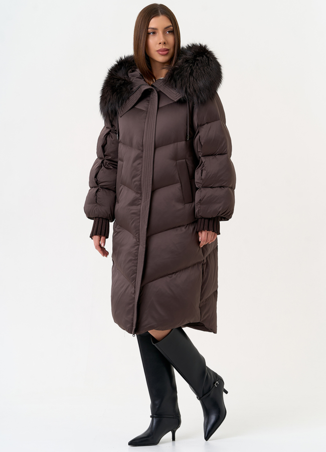 фото Женский пуховик с капюшоном из меха чернобурки модель № 31443