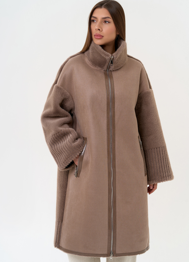 Женская двухсторонняя дубленка из эко замши с воротником стойкой модель № 31415 универмаг малина