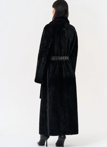 Женская натуральная дубленка с двойным поясом