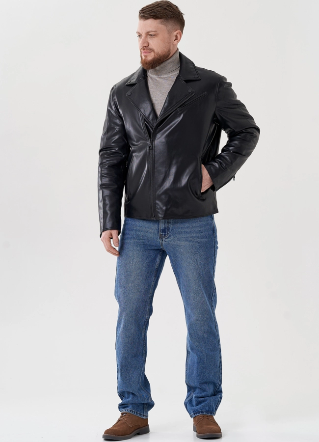 Мужская куртка - косуха из эко кожи  модель № 24465 меха малина