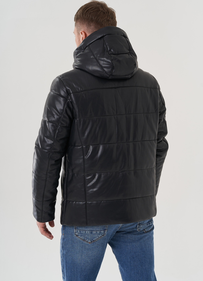 Пуховик мужской из эко кожи с капюшоном  модель № 81843 универмаг малина