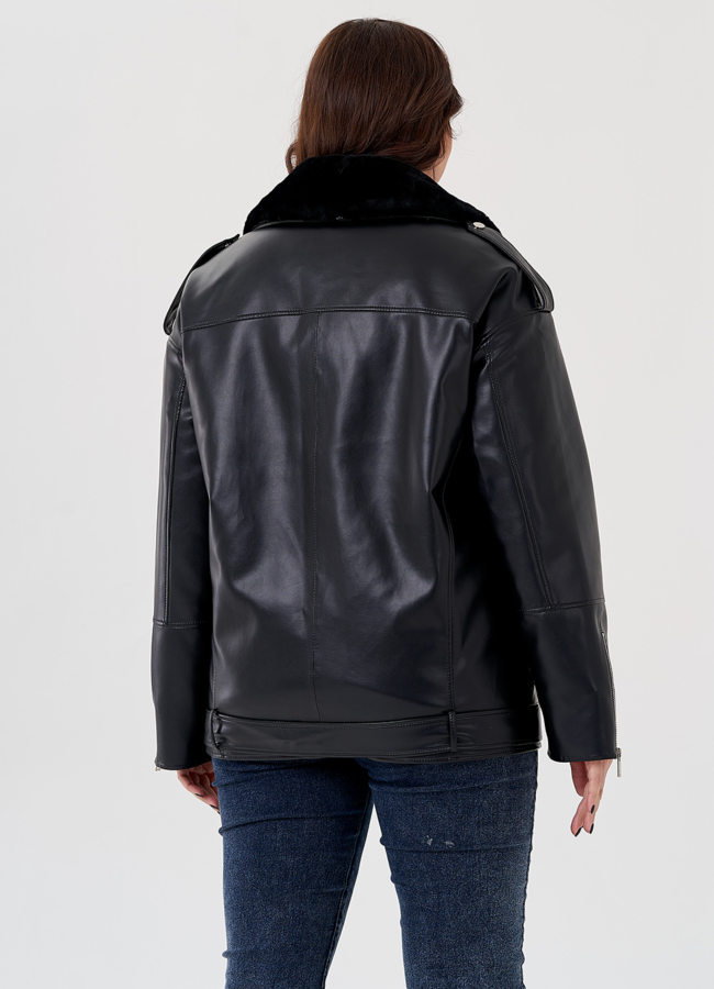 Куртка-косуха из эко кожи на утеплителе с натуральным мутоном модель № 24213 в кредит