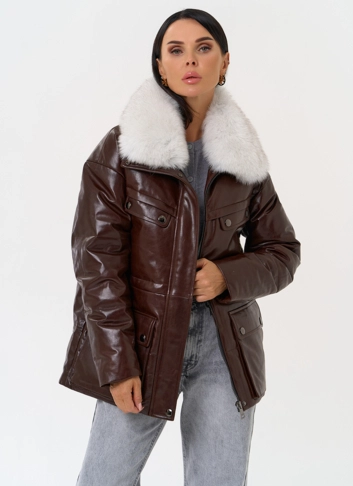 Коричневый кожаный пуховик